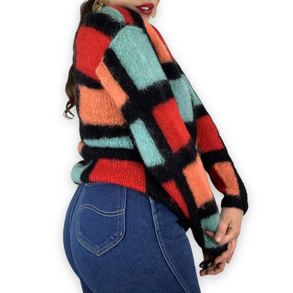 70's hand knitted mohair color block sweater - Picture 2 of 14